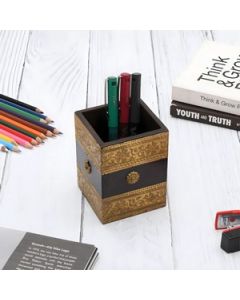 HAPEE Wood With Brass Pen Stand 1 Pc Gold & Black