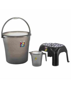 Jalore Frosty Bathroom Set ( 25L Bucket,1.5L Mug,Stool) Plastic 3 Pcs Set Grey