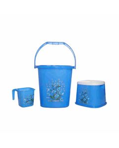 Jalore Square Plastic Bucket Combo ( 25 L Bucket + 1.5 L Mug + 37 Cm Stool) 3 Pcs Set Blue