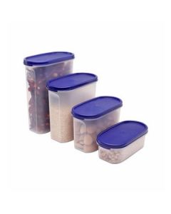 Java Oval Shape Containers With Blue Lid (2L, 1.7L, 1L, 500Ml) Plastic 4 Pcs Set Transparent