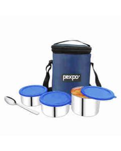 Pexpo Marvel 3 Lunch Box(3 X400Ml) With 1 Spoon & Durable Bag Stainless Steel 4 Pcs Set Blue
