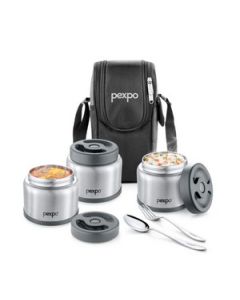 Pexpo Extreme Lunch Box (2 X400Ml + 1 X 600Ml) Stainless Steel 3 Pcs Set Silver