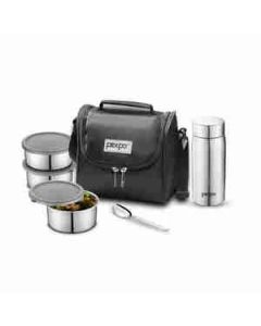 Pexpo Classic Steel Meal Classic Lunch Box With 3 Containers (280Ml Each), Water Bottle (400Ml) & 1 Spoon Stainless Steel 5 Pcs Set Black
