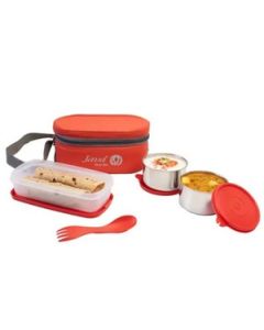 Java Double Decker Lunch Box With Carry Bag And Spork(1 X 400Ml, 2 X 300Ml) Stainless Steel 3 Pcs Set Red