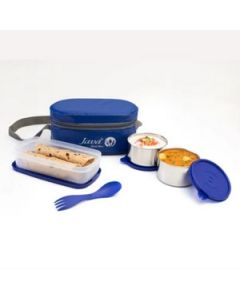 Java Double Decker Lunch Box With Carry Bag And Spork(1 X 400Ml, 2 X 300Ml) Stainless Steel 3 Pcs Set Blue