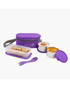 Java Double Decker Lunch Box With Carry Bag And Spork(1 X 400Ml, 2 X 300Ml) Stainless Steel 3 Pcs Set Purple