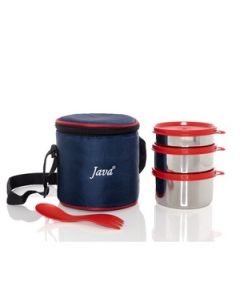 Java Lunch Box With Carry Bag And Spoon (400Ml, 300Ml, 200Ml) Stainless Steel 3 Pcs Set Silver